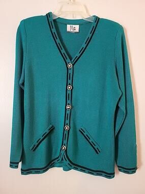 VTG 80s Mita Teal Green Knit Krinkle Spun Sweater Blazer size 10 Black Trim USA